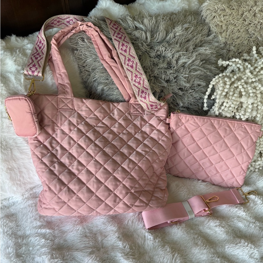 Ah-dorned Quilted Pink Tote Bag Set